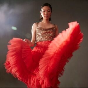 Nikasha Tiered Tulle Midi Skirt Pink Ruffle Layered Mesh A-Line Party Statement